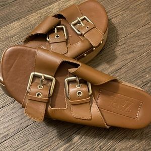 Zara Platform Sandals Clog Brown 39/8 summer boho Double Buckles Wooden Leather